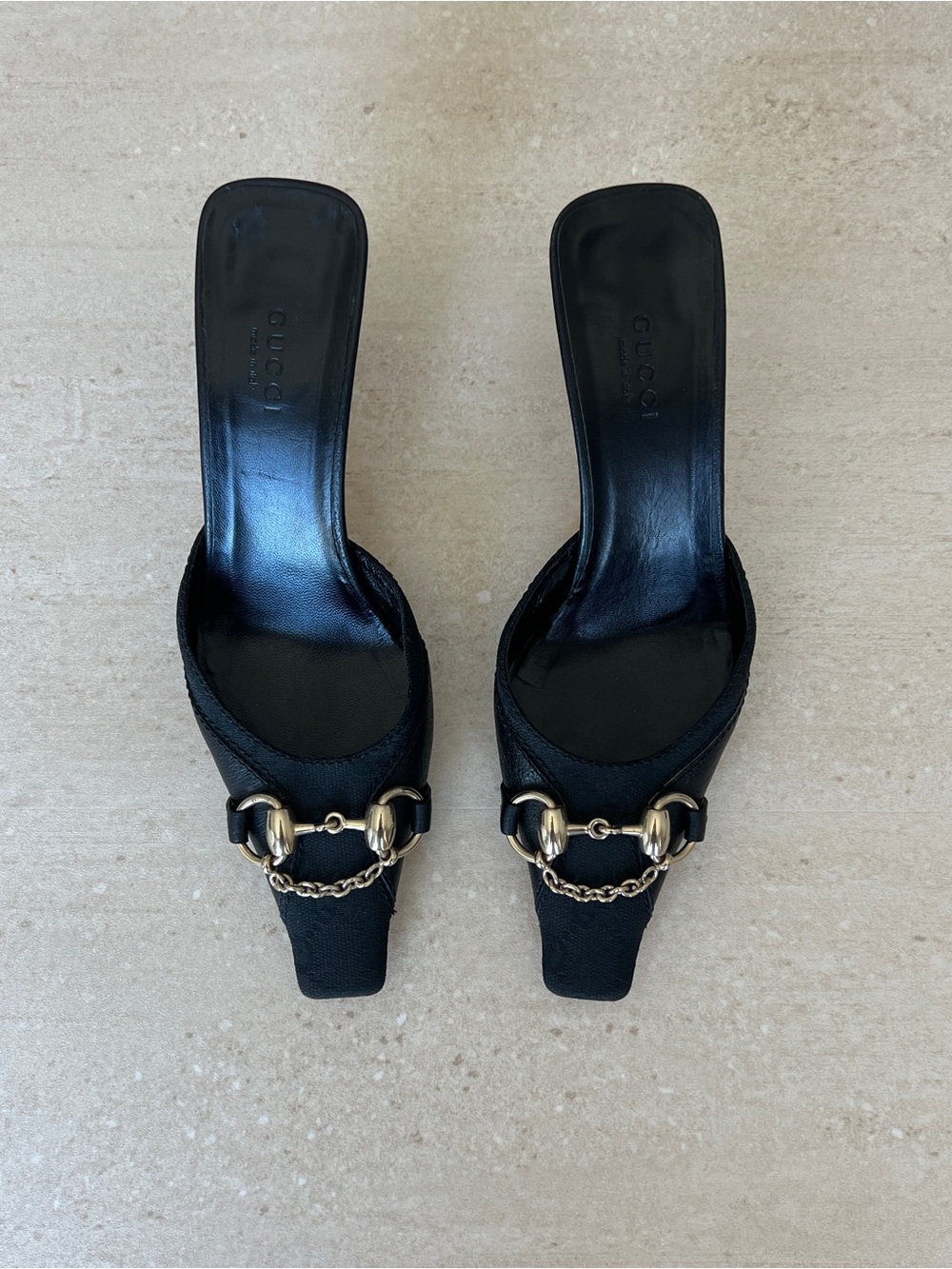 Vintage Gucci Black GG Monogram Horsebit Chain Mule Heels